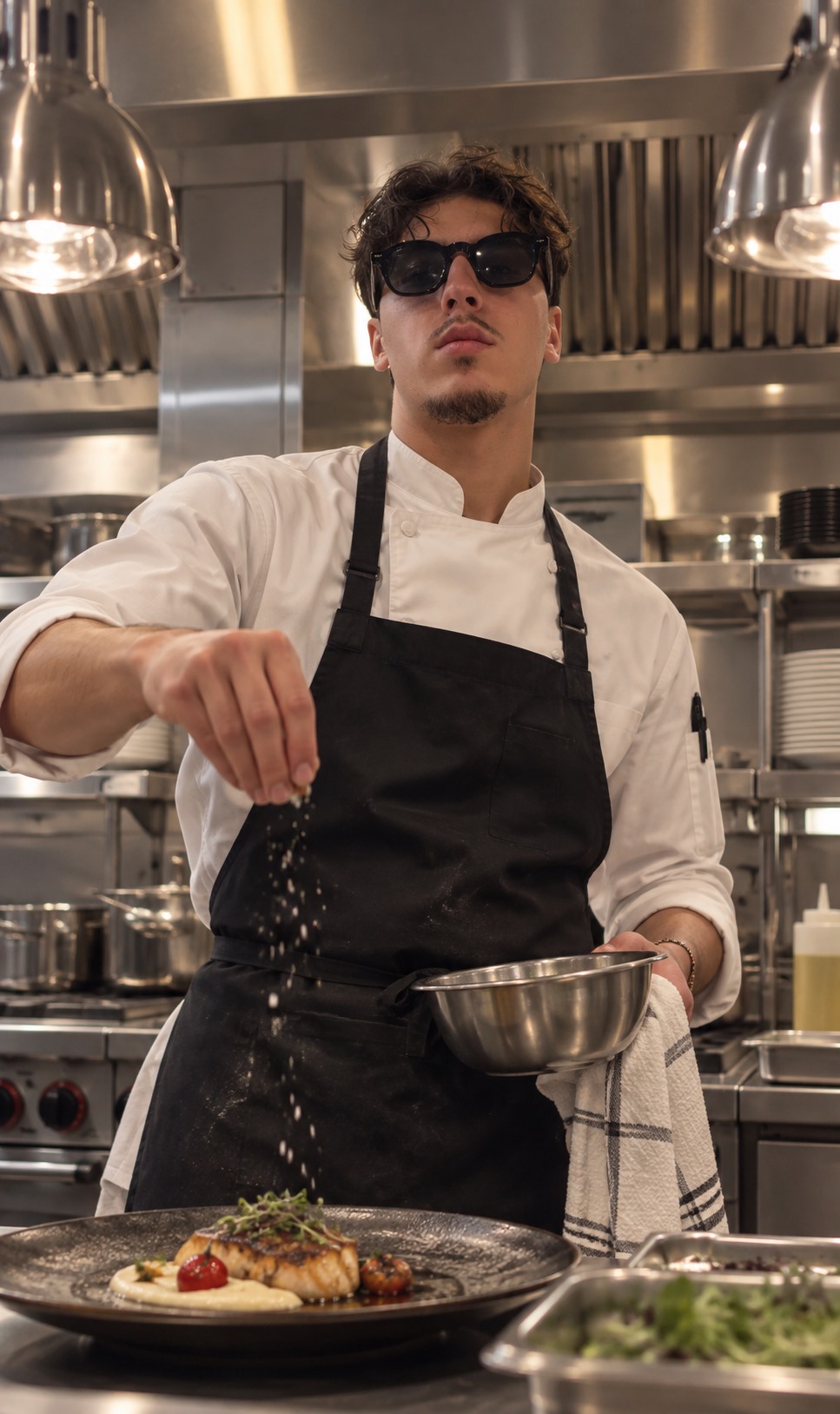 Le chef en veste blanche et tablier noir, lunettes de soleil sur le nez, assaisonnant une assiette dans une cuisine professionnelle